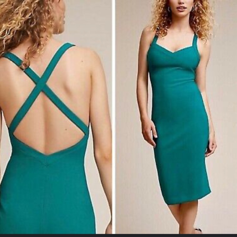 Anthropologie Blue and Green Midi Dress with Elegant Silhouette
